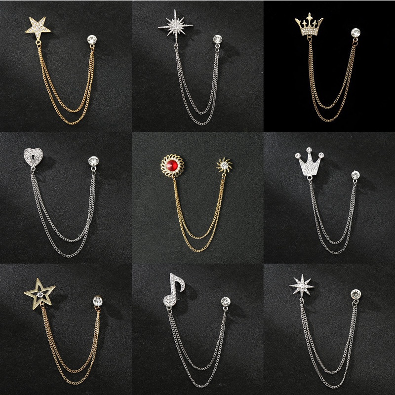 ชุดเข็มกลัดผู้ชายเวอร์ชั่นเกาหลีเข็มกลัดมงกุฎเวอร์ชั่นเกาหลีโซ่ปกขาสูทห้าดาวเข็มกลัดอุปกรณ์เสริมที่เรียบง่าย