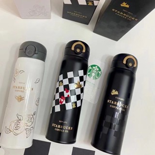 [พร้อมส่ง] Starbucks กระติกน้ําร้อนสเตนเลส ลายหมากรุก ดอกคามิเลีย แบบพกพา ของขวัญวันเกิด สําหรับนักเรียน 500 มล.