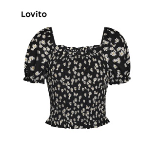 Lovito เสื้อเบลาส์ คอเหลี่ยม แขนพอง แต่งระบาย ลายดอกไม้ สไตล์ลำลอง สำหรับผู้หญิง L36LD074 (สีดำ)