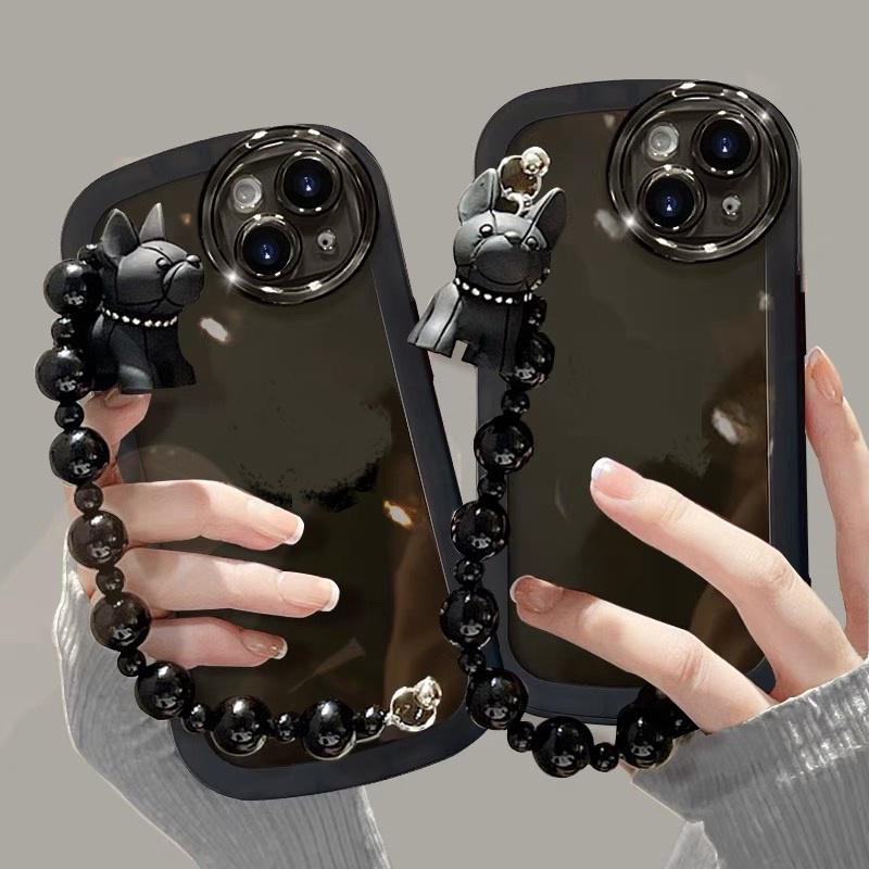เคสโทรศัพท์มือถือ tpu แบบนิ่ม ลายบูลด็อก 3D มีสายโซ่คล้อง สีดํา สําหรับ Iphone 15promax 15 14 14 pro max 14 plus 13 pro max 12 pro max 11 pro max xs max xr x 7 8
