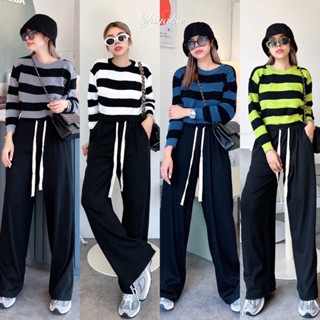 Yunaka ชุดเซ็ต 2 ชิ้น สาวมินิ สาวอวบ อ้วน เสื้อไหมพรมแขนยาว อก 48”+ Knit Stripes Set Bigsize XXL  กางเกงขายาว เอว 24-38”