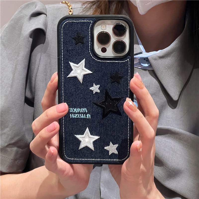 Ins Niche Denim ปัก Star 12 11Pro Max สําหรับ Apple 15 11 14 13 X XS XR 13 เคสโทรศัพท ์ สําหรับ iPhone14promax ซิลิโคนหญิงที ่ ไม ่ ซ ้ ํากัน Creative Shock-proof ป ้ องกันกรณี