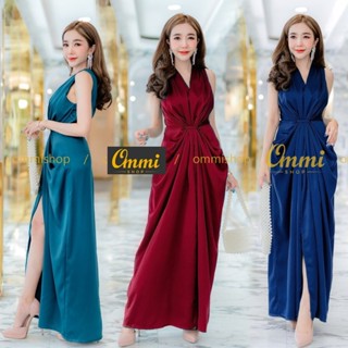 1236ss ชุดราตรี แขนกุดแต่งจีบด้านหน้า ผ่าด้านหน้า ผ้าซาร่าไม่ยืด ommishop