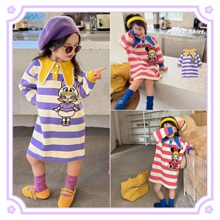 หญิง/ฤดูใบไม้ผลิ/ฤดูใบไม้ร่วง/ชุด    New Girls Striped Tie Dye Mid Length Polo Neck Long Sleeve Dress