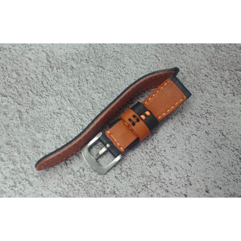 สายนาฬิกาหนังแท้สีดำ (ซับหนังสีส้ม) ด้ายส้ม Watch Straps ขนาด 18,20,22,24,26 mm. แถม!! สปริงบาร์ 1 คู่ (ผลิตในไทย)