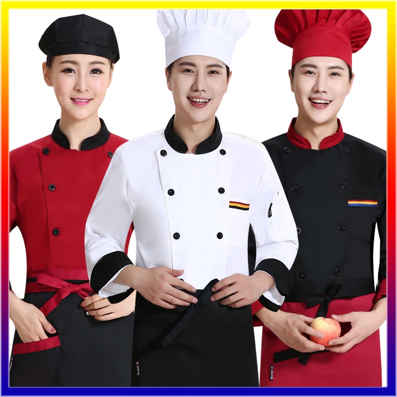 👍🏻👍🏻【คุณภาพสูง】2 ชิ้นเสื้อ + ผ้ากันเปื้อน Chef clothes ชุดเชฟทำอาหาร เสื้อแขนยาว ชุดเชฟ นเสื้อ ผ้ากันเปื้อน เนื้อผ้า