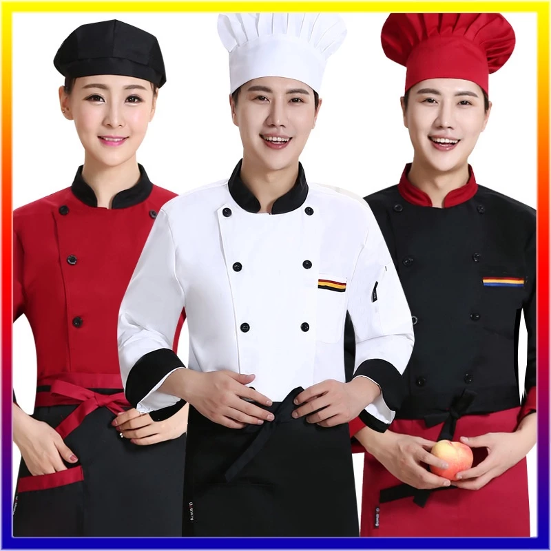 👍🏻👍🏻【คุณภาพสูง】2 ชิ้นเสื้อ + ผ้ากันเปื้อน Chef clothes ชุดเชฟทำอาหาร เสื้อแขนยาว ชุดเชฟ นเสื้อ ผ้ากันเปื้อน เนื้อผ้า
