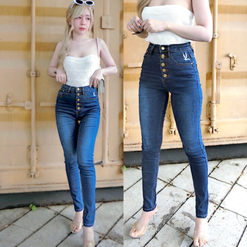 Cc jeans 228 S-5XL กางเกงยีนส์ผู้หญิง ทรงเดฟ เอวสูง กระดุม ปักนก