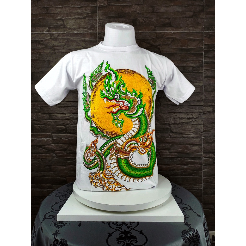 MC เสื้อยืด คอกลมแขนสั้น ลายไทย เสื้อยืด พญานาคคู่4เศียรกับพระจันทร์ สีขาว เสื้อยืดลายไทย ผ้าคอตตอน1