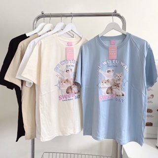 เสื้อยืดโอเวอร์ไซด์ ผ้าคอตตอน งานสกรีน cat sweet day