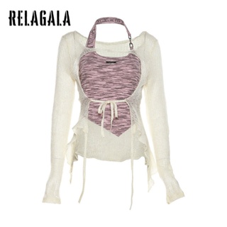 Relagala เสื้อยืดแขนยาว สีพื้น ทรงสลิม แฟชั่นสําหรับผู้หญิง