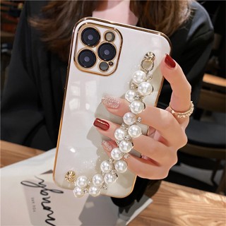 เคสโทรศัพท์มือถือ ซิลิโคนนิ่ม ชุบไข่มุก 6D พร้อมสายโซ่คล้อง หรูหรา สําหรับ Samsung A13 A53 A73 A03s A32 A52 A72 A50 A12 A71 A51