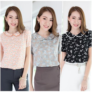 Narinari : NT2349 Peter Pan Collar Flower Blouse เสื้อทำงาน (ใช้โค้ด NARISP9 ลดทันที 65.- เมื่อช็อปครบ 500.-)