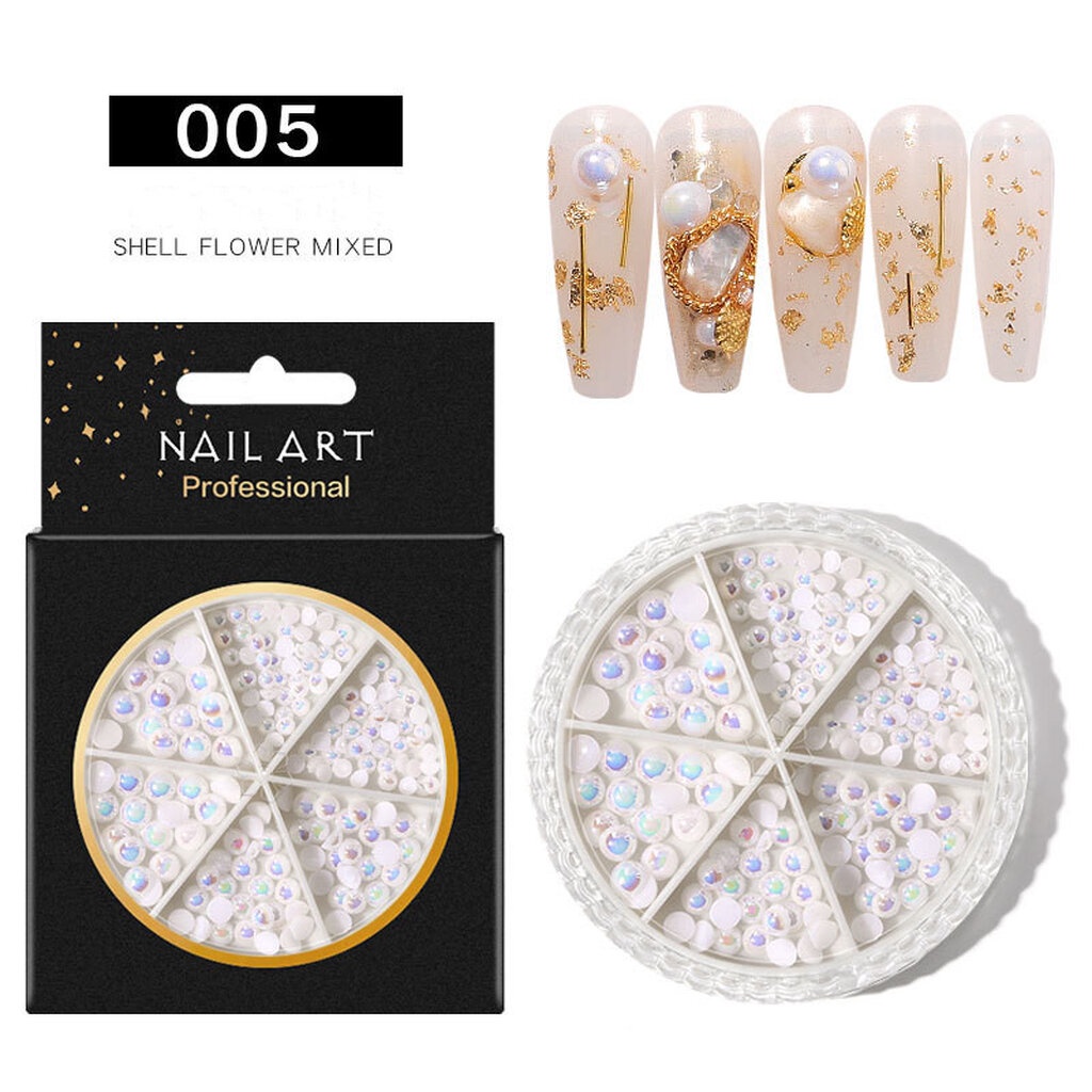 ( 005 ) มุกกล่องกลม 6ช่อง สีขาวรุ้ง Mixed Pearl Ornaments ของแต่งเล็บ มุกตกแต่งเล็บ มุขแต่งเล็บ