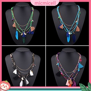 (micmicell) Womens Boho Ethnic Style Feathers Tassels Beads Multi-layer Chain Necklace