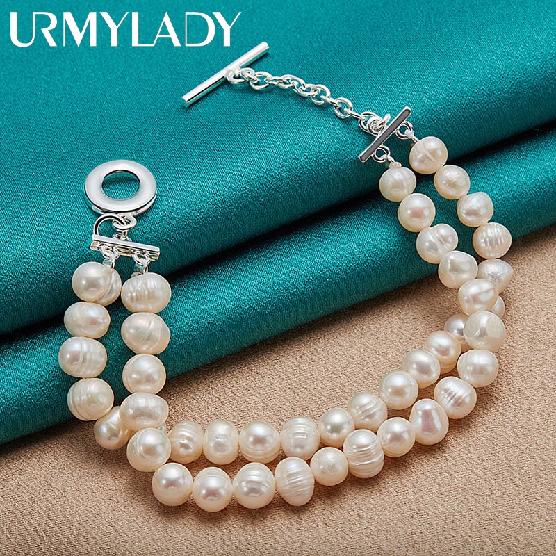 Urmylady สร้อยข้อมือเงินแท้ 925 ประดับมุกน้ําจืดธรรมชาติ 20 ซม. เครื่องประดับแฟชั่น สําหรับผู้หญิง งานแต่งงาน หมั้น