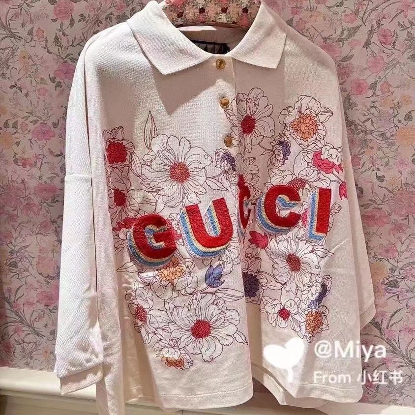 Gucci 2022 Women's Floral Print Polo Shirt Lapel T-Shirt Top