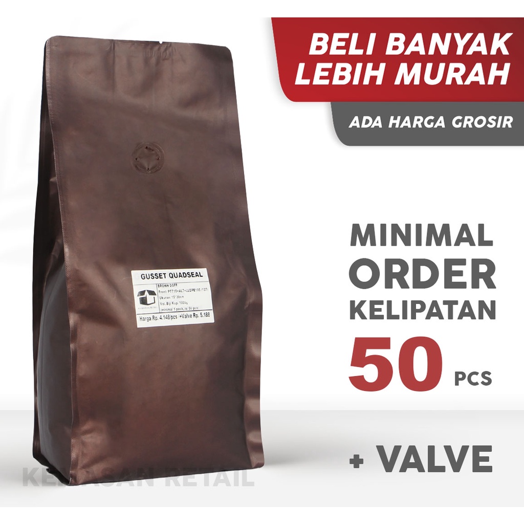 Gusset Aluminium Brown Doff Coffee Plus Valve (15 x 39cm) 1000gr | ซิป | ไม่ใช่ซิป | แพ็กพรีเมี่ยม |