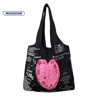 MOUSOON Graffiti Cupid Shopping Bag กระเป๋าผ้าใบสะพายไหล่สำหรับนักเรียนช้อปปิ้งความจุขนาดใหญ่สไตล์เกาหลี