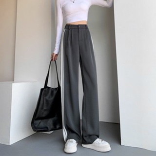 Korean Plus Size Long Suit Pants for Women High Waist Loose Stripe Wide Leg Trousers