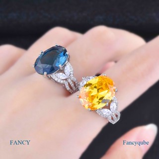 Fancy แหวนหมั้นแต่งงาน ประดับเพชรเทียม ทรงวงรี สีเหลือง สีฟ้า คุณภาพสูง โรแมนติก สําหรับผู้หญิง