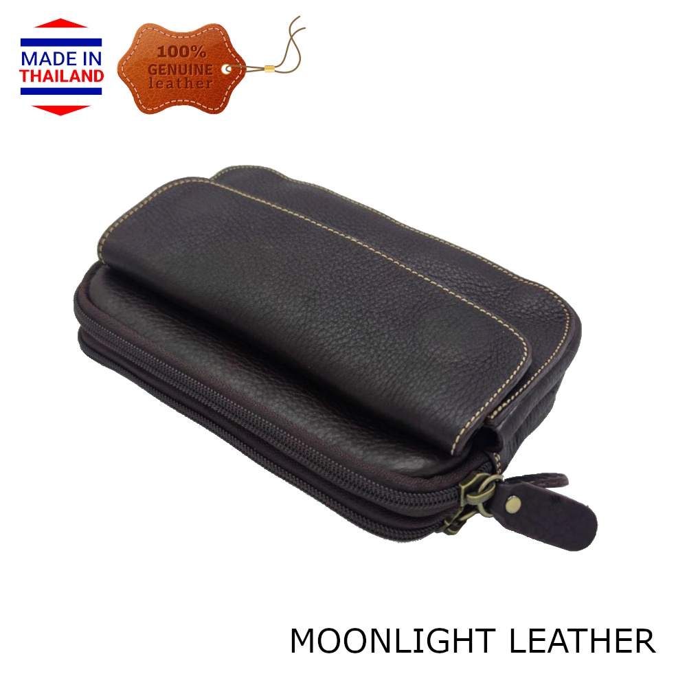 กระเป๋าใส่โทรศัพท์ มือถือ ใส่กระเป๋าตังค์ หนังวัวแท้ แบรนด์ Moonlight คาดกับเข็มขัดผู้ชาย สีน้ำตาลเข้ม มี 3 ช่อง มีกล่อง