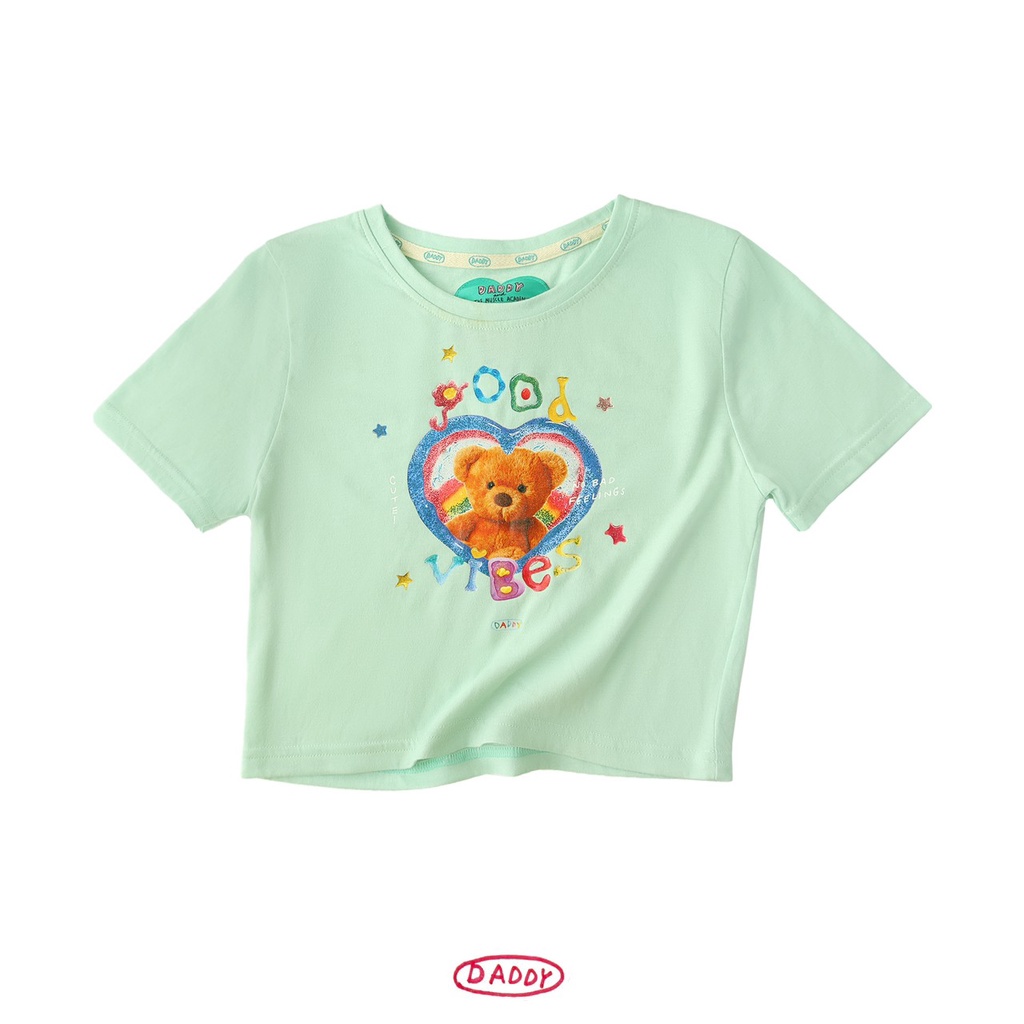 DADDY | Good vibes crop top เสื้อครอปท็อป สกรีนน้องหมี glitter glue สีมิ้นท์