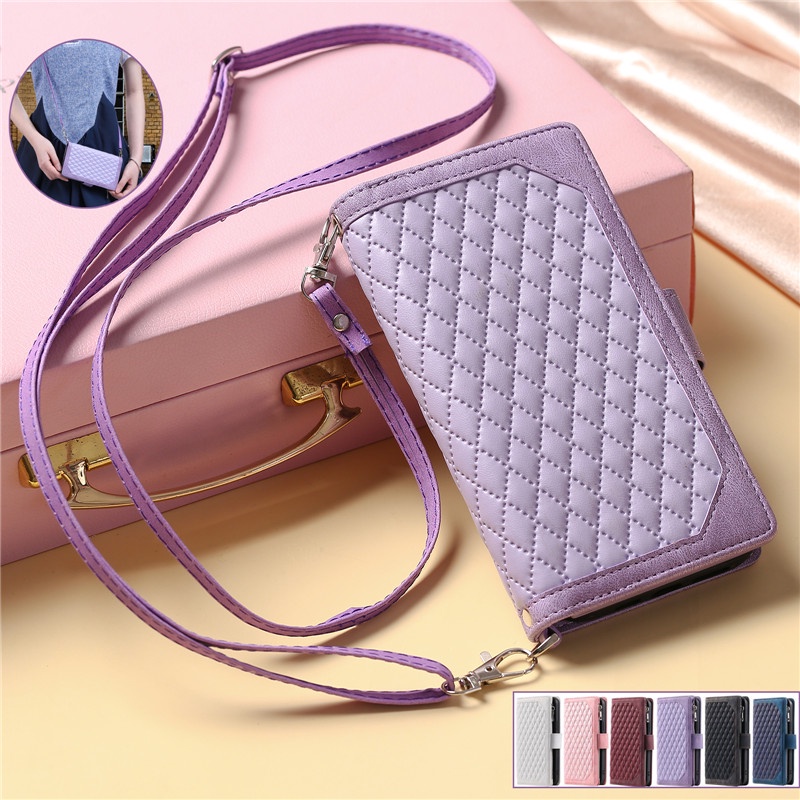 เคสโทรศัพท์มือถือหนัง ฝาพับ พร้อมช่องใส่บัตร และสายคล้อง สีม่วง แฟชั่น สําหรับ IPhone 14 Plus 13 Pro Max 13 Mini