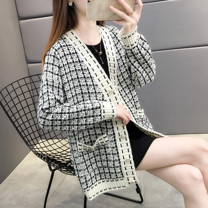 พร้อมส่ง เสื้อไหมพรมคาร์ดิแกนเสื้อคลุมแขนยาวถักลายสก๊อต