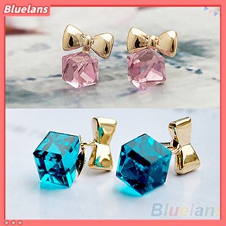 กระดุมหูต่างหูห้อยผู้หญิงน่ารักโบว์ชิมเมอร์ Cube Rhinestone ส่วนลด100 บาท โค้ด