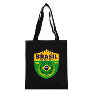  กระเป๋าผ้าแคนวาส ทรงโท้ท ลาย World Cup Brazil 2022 design3 สีดํา สีขาว สําหรับผู้หญิง เหมาะกับการพกพา ชอปปิ้ง ของขวัญ DIY