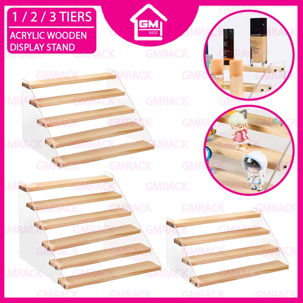 [GMTRACK] 3/4/5/6 TIER WOODEN ACRYLIC DISPLAY STAND ANIMATION MODEL RISER COUNTER RACK SHELF POP MART ACTION FIGURE
