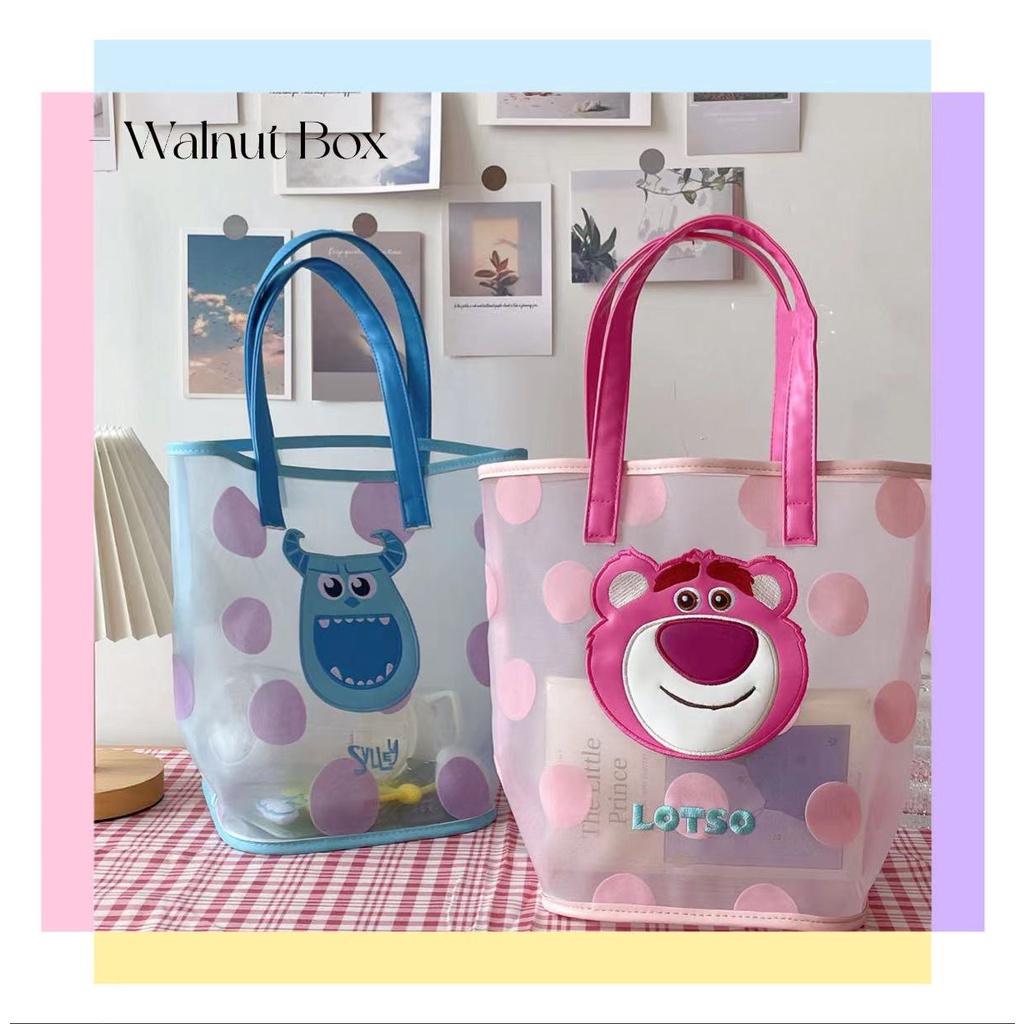 กระเป๋าถือ ผ้าตาข่าย ขนาดใหญ่ จุของได้เยอะ แบบพกพา ลายการ์ตูนหมี สตรอเบอร์รี่ สไตล์ญี่ปุ่น สําหรับนักเรียนหญิง