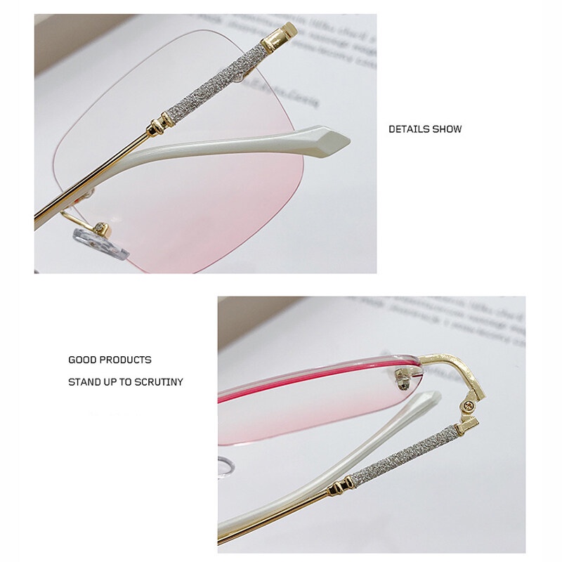 (0 ถึง -400 °)  แว่นสายตาสั้นผู้หญิงไร้ขอบไม่มีสีโลหะกรอบใหญ่บลัชออนแว่นตากรอบแบน แว่นสายตาสั้น