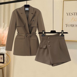 🔥Hot Sale/Large size womens suit womens 2022 new temperament waist blazer กางเกงขาสั้นเอวสูงกระโปรงชุดสองชิ้น