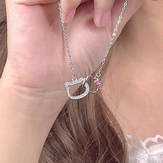 Good Luck Ring Linked Necklace Girls New Helloktty KT Cat Necklace Female Students Cute Double Ring Clavicle Chain Niche Design Necklace Women Jewelry