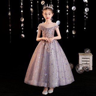 Gd3847- พร้อมส่งจากไทย ชุดออกงานเด็กหญิงสีเทา ซีทรูที่ไหล่สุดหรู ตกแต่งสวยหรูหราตลอดตัว สวยดูดีมีสไตล์ ชุดราตรีเด็กทร...