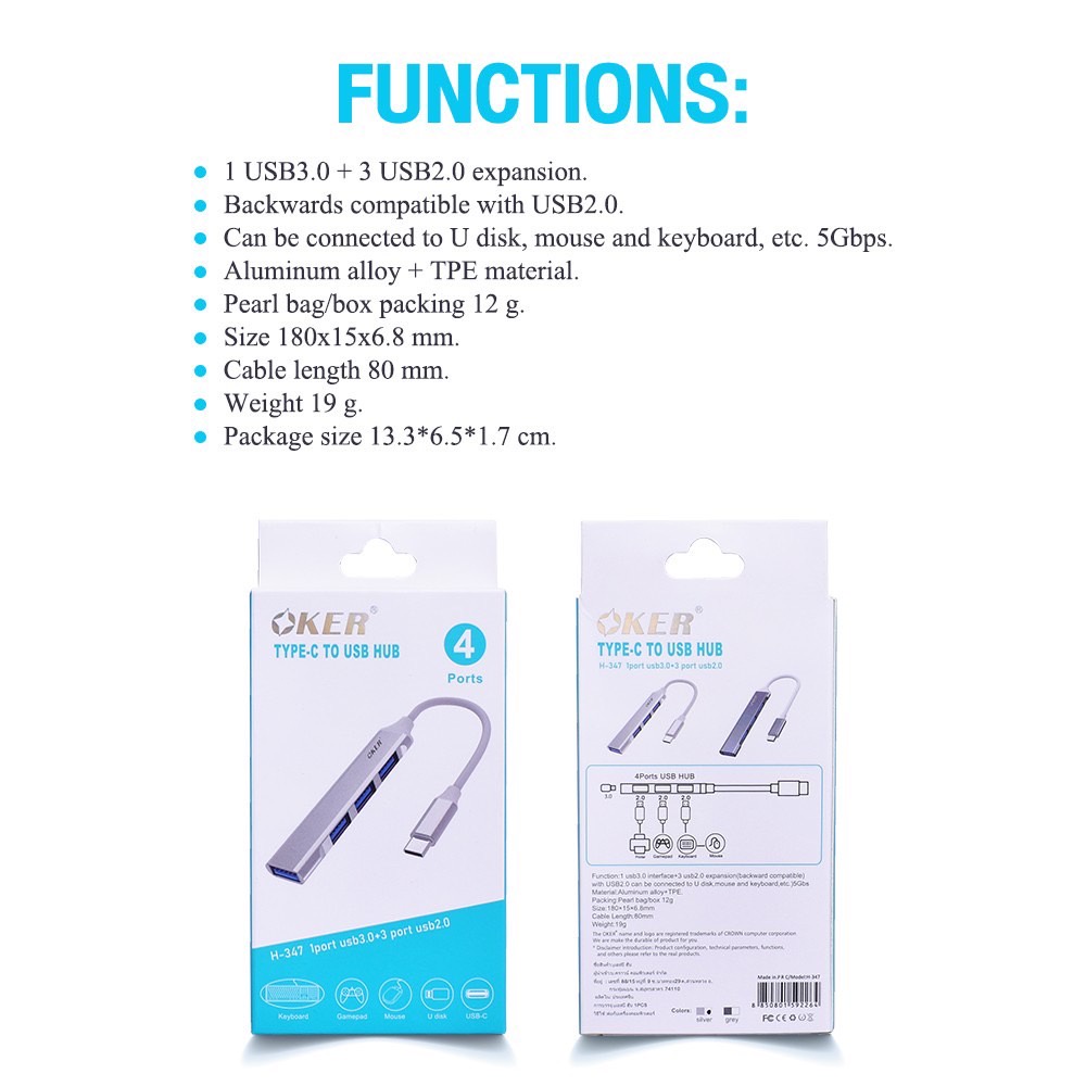 HUB Type-C TO USB 4 Port v3.0 OKER H347 Type-C ไป USB3.0 1 พอร์ต + USB2.0 3 พอร์ต