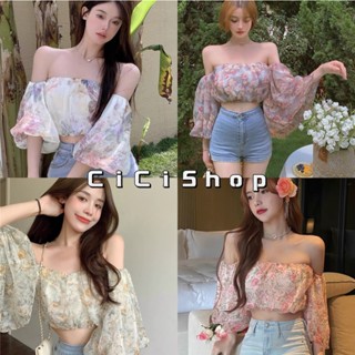 Cicishop(7665/9010)เสื้อครอปเกาะอกมีแขน ผ้าชีฟองสกรีนลายใส่ได้2แบบ สวยแพงสุดๆ