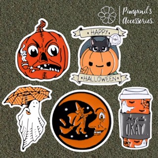 ʕ •ᴥ•ʔ ✿ พร้อมส่ง : เข็มกลัดเซ็ทฟักทองฮาโลวีนและพ่อมด | Halloween Pumpkin &amp; Wizard On Moon Enamel Brooch Pin Set.