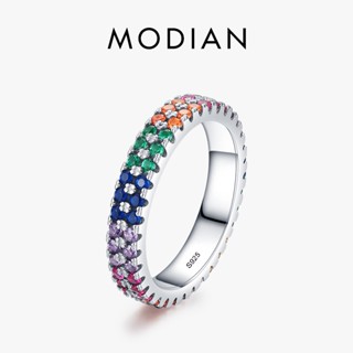 Modian แหวนเงินแท้ 925 ประดับเพทาย สีรุ้ง หลากสี เครื่องประดับแฟชั่น สําหรับผู้หญิง