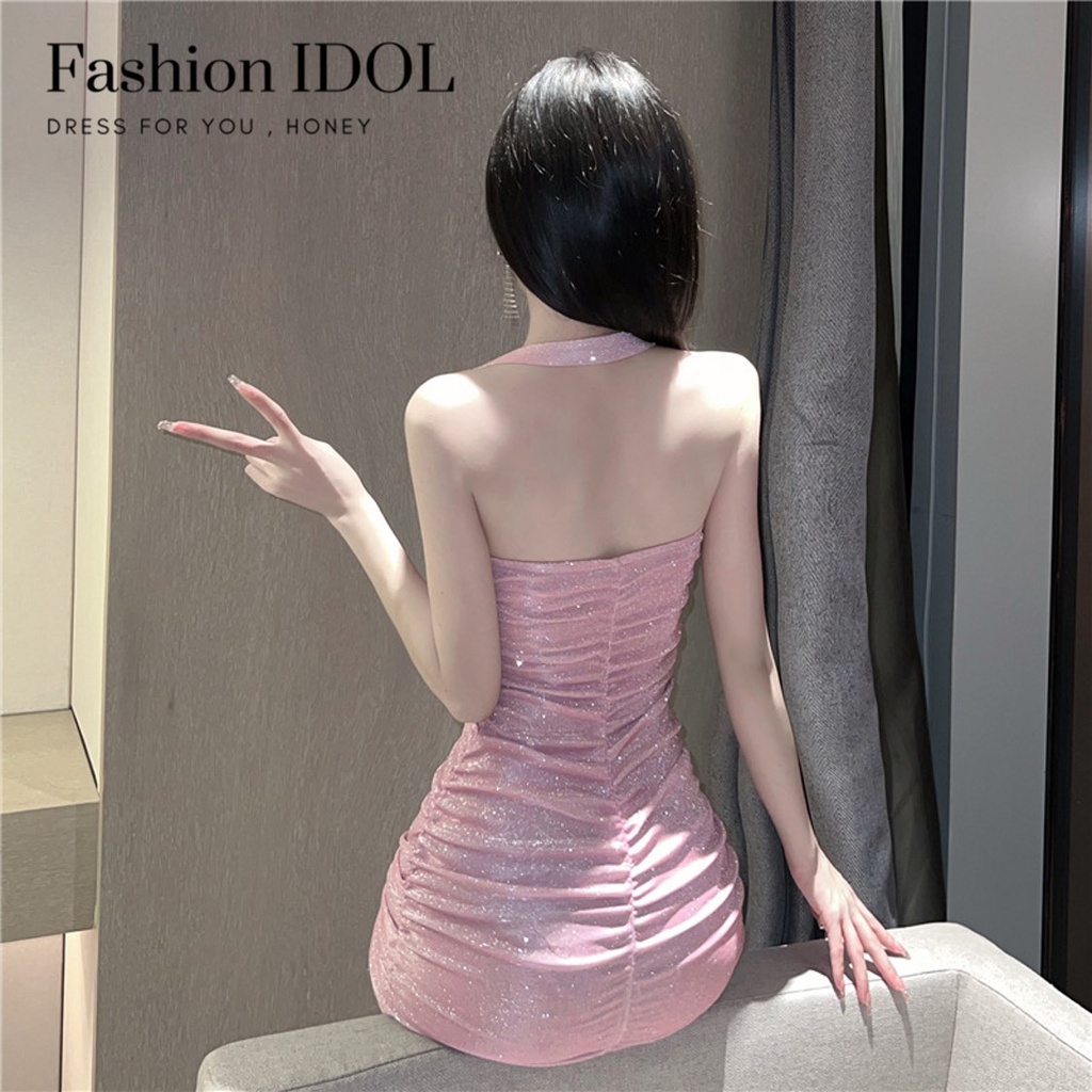 ชุดเดรสสั้นคล้องคอสีหวาน💗แต่งกลิตเตอร์วิบวับ รัดรูป โชว์สัดส่วน เซ็กซี่ปนหวาน F-015 - รูปที่ 5