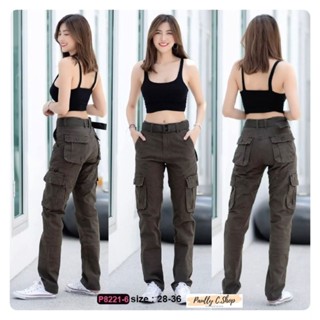 รุ่นP8221-6 Cargo pants กางเกงคาร์โก้ขากระบอกผ้ายืด กางเกงยุทธวิธีหลายกระเป๋า กางเกงเดินป่า