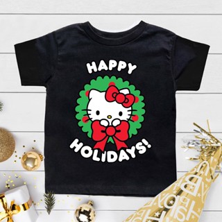 เสื้อยืดแขนสั้น พิมพ์ลาย Merry Christmas Hellokitty สีดํา สําหรับเด็กผู้ชาย และเด็กผู้หญิง