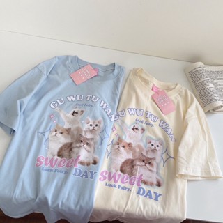 S002 เสื้อยืด oversize ผ้าคอตตอน สไตล์มินิมอล สกรีน แมว sweet day