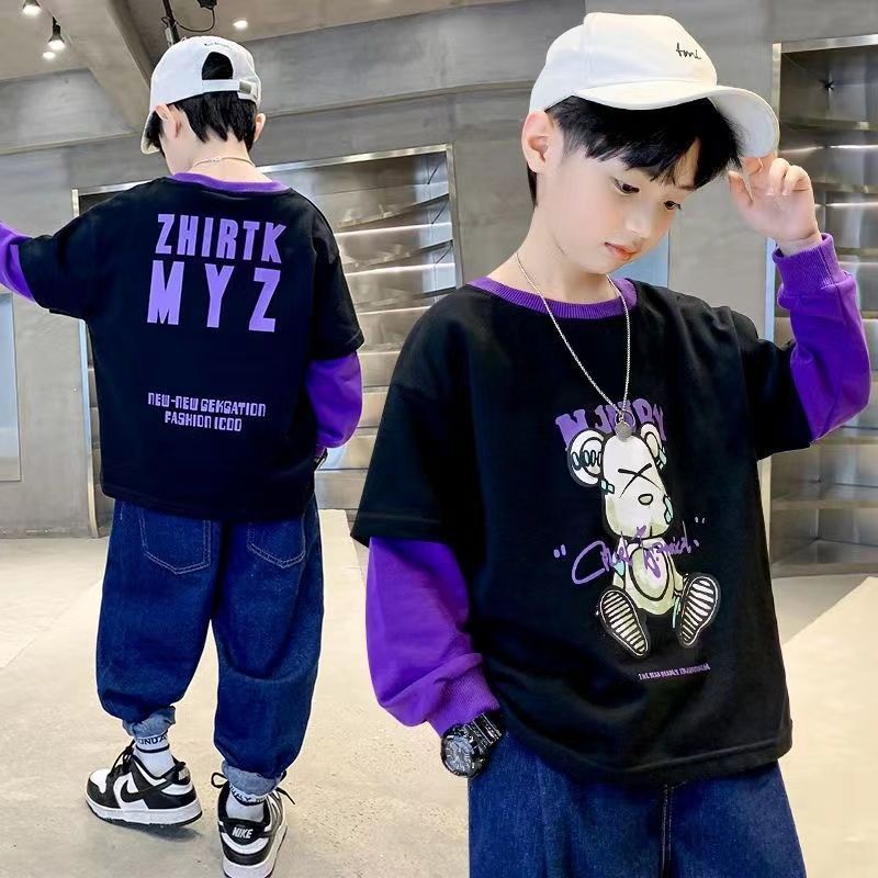 COCO Tshirt เด็กชายวัยกลางคนเสื้อกันหนาวเด็ก 2022 วันหยุดฤดูใบไม้ผลิและฤดูใบไม้ร่วงใหม่สองชิ้นเสื้อยืดแขนยาว bottoming