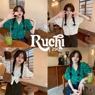 RUCHI- เชิ้ตcrop แขนสั้น ผ้้าคอตคอน พิมพ์ลายดอก Daisy crop แขนพอง พรางแขน ลูกคุณ น่ารักก สไตล์เกาหลี