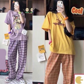 900Shop📌เซ็ต2ชิ้น ขายาวลายสก็อต 2 สี เสื้อยืดสกรีนลาย +กางเกงขายาว