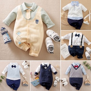 ชุดรอมเปอร์ แขนยาว ผ้าฝ้ายถัก สไตล์ Preppy Onesie สําหรับเด็กทารกแรกเกิดผู้ชาย อายุ 0-12 เดือน