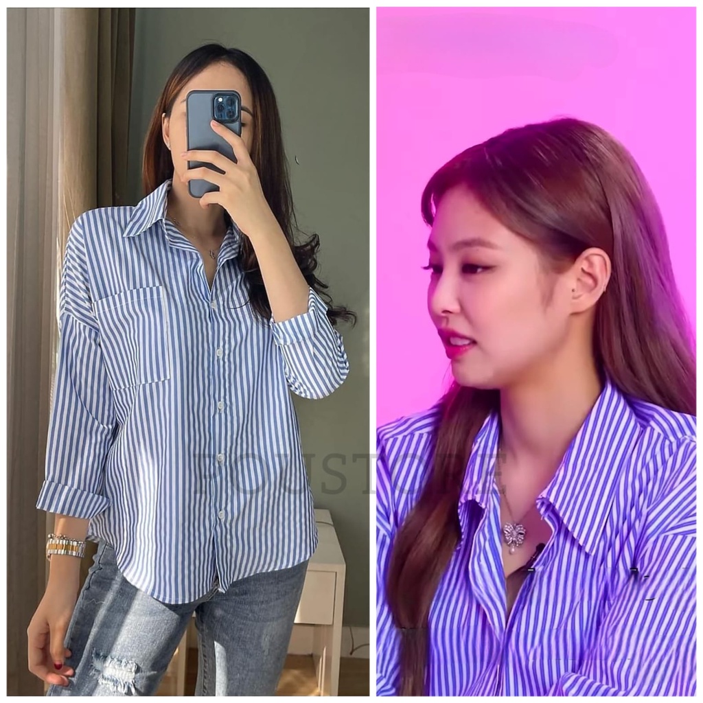 เสื้อ ALLSIZE BLUE STRIPE ONE POCKET OUTFIT BLACKPINK KIM-JENNIE PREMIUM COTTON